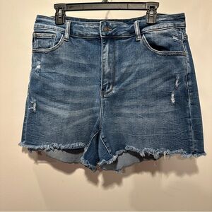 Judy Blue Distressed Frayed Hem Blue Denim Shorts - Blue 2XL